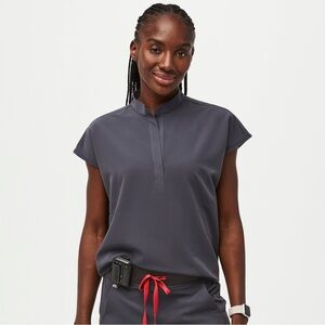 Figs Gray Boxy Cap Sleeve Blouse with Mandarin Collar